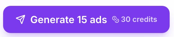 AdMakeAI batch panel with Fast (2 credits) and 15 ads selected; the button reads Generate 15 ads, 30 credits