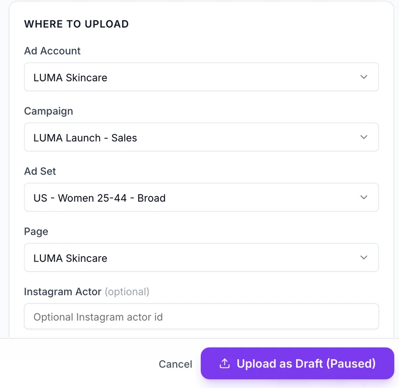 AdMakeAI upload screen with ad account, campaign, ad set and Page picked for a finished ad
